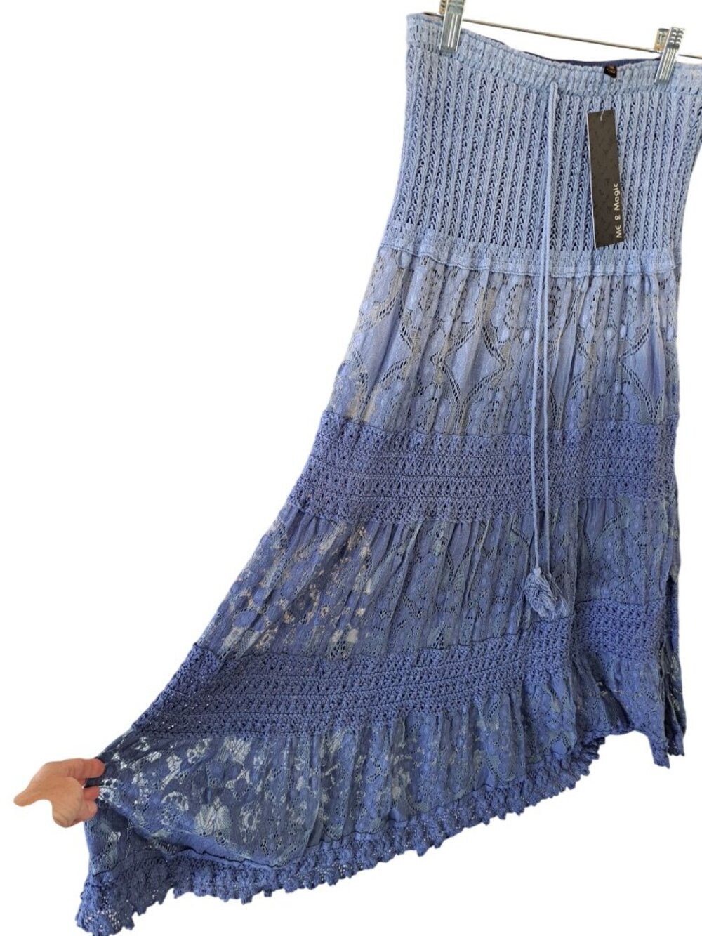 Boho Lace Maxi Skirt Blue Crochet Elastic Waist Tassel Tie Flowy Womens L Gypsy